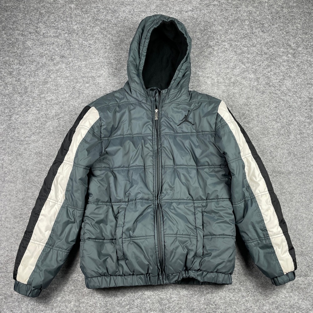 Jordan Puffer Jacket Boys XL Grey Black White Fleece Lined Full Zip Hooded